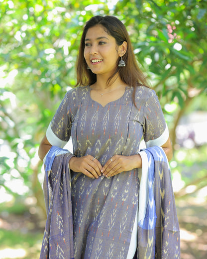Purple-Ikkat | Maternity Kurti with Lining [TOP + PANT + DUPATTA]