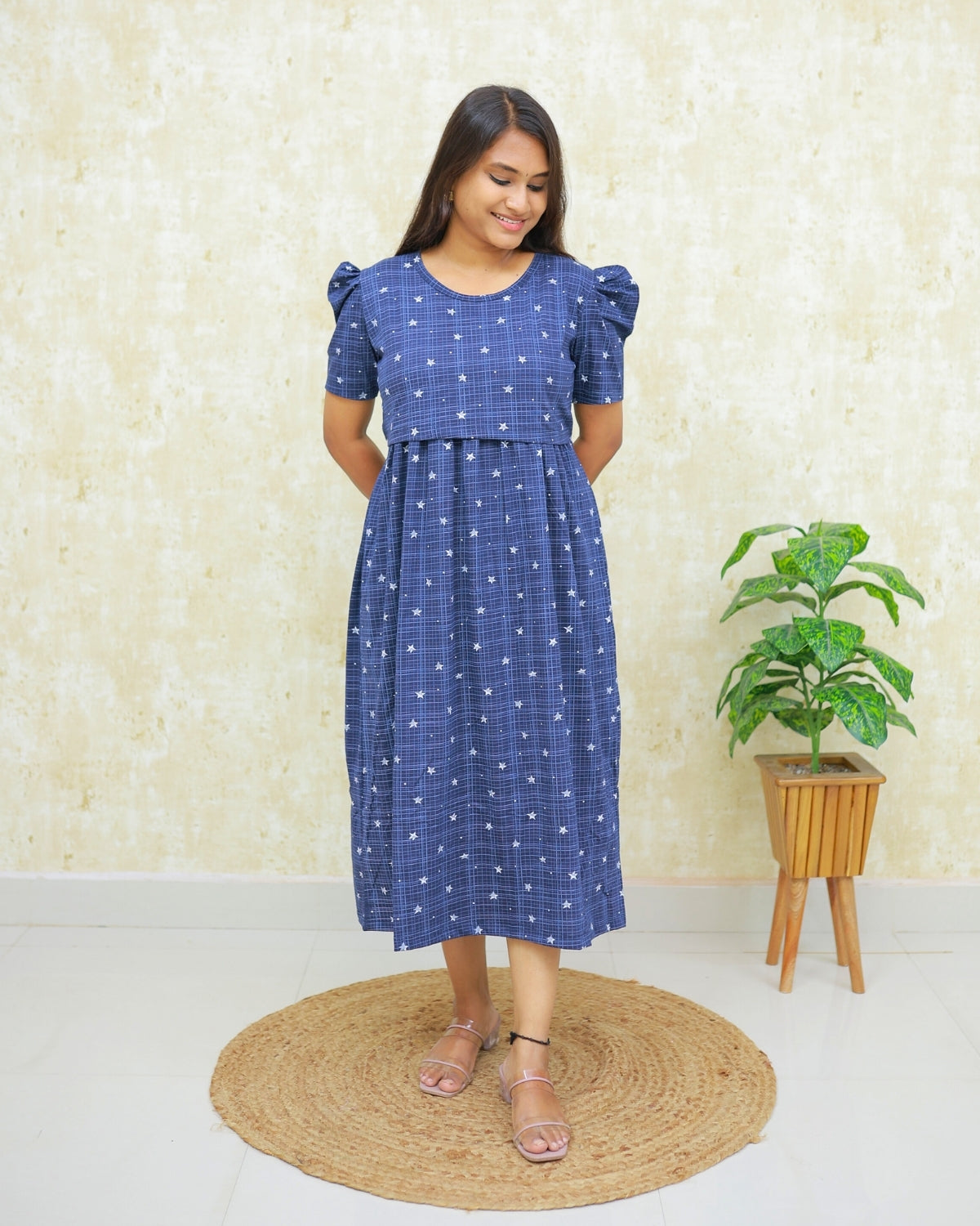 Navy Posy | Zipless Maternity Dress - Puff Sleeves | Calf Length