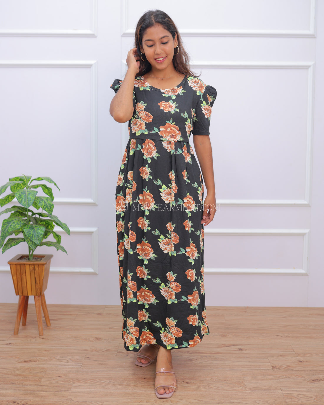 Grove | Zipless Maternity Dress - Puff Sleeves | Full Length Maxi - Only M Size