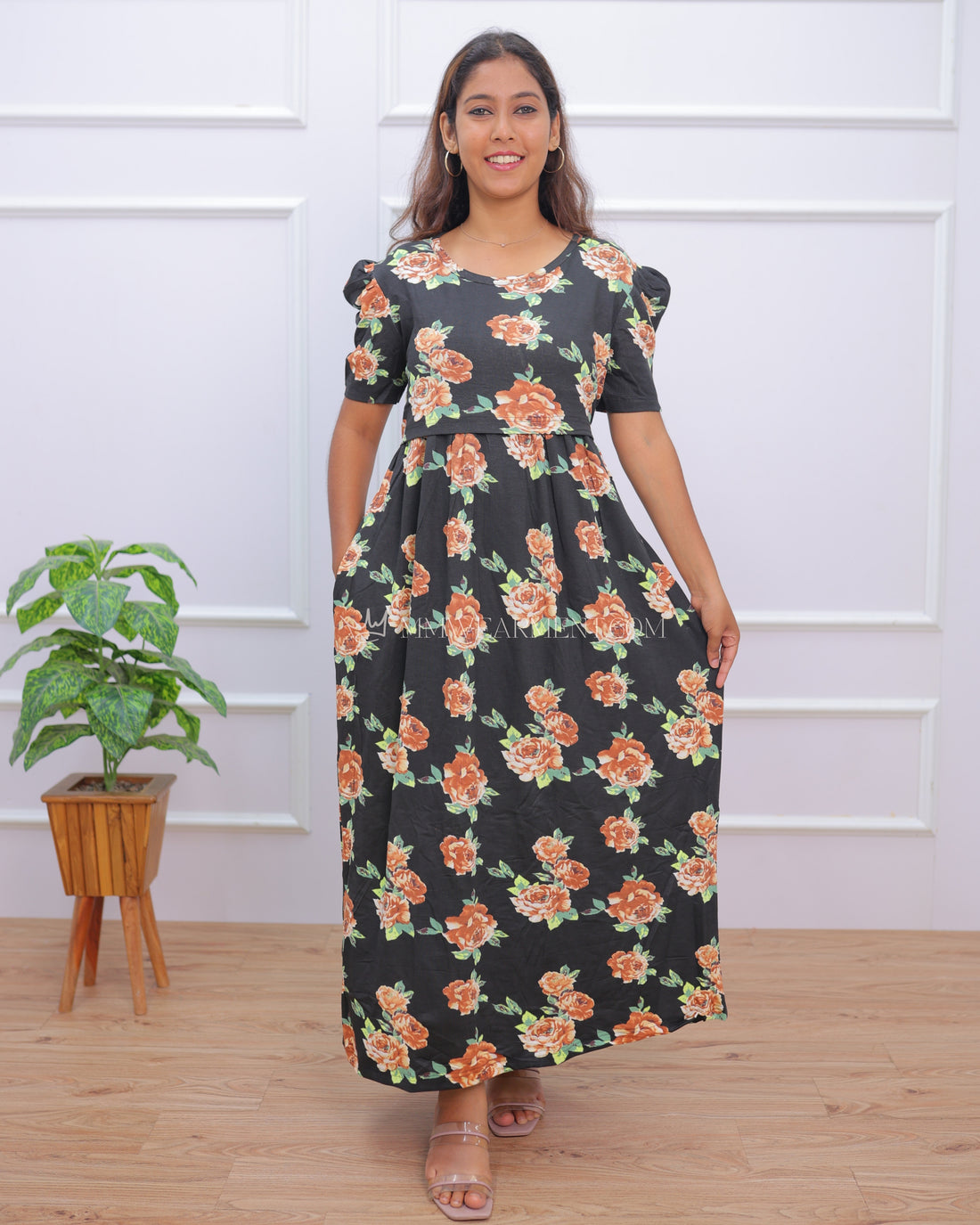 Grove | Zipless Maternity Dress - Puff Sleeves | Full Length Maxi - Only M Size