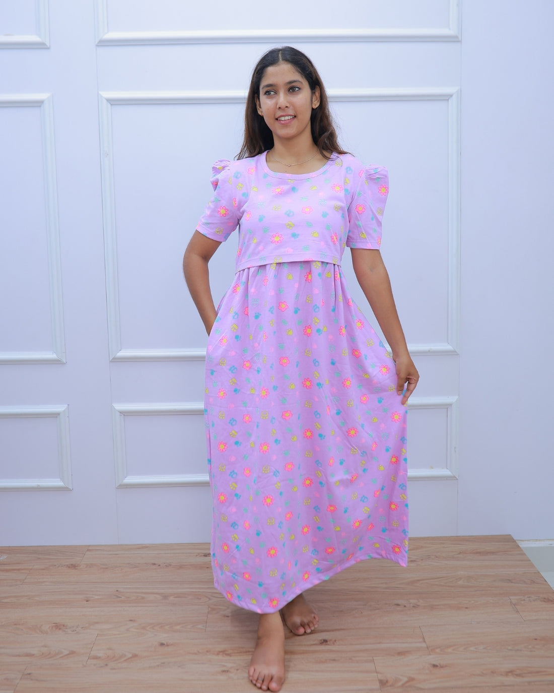 Anjali | Zipless Maternity Dress - Puff Sleeves | Full Length Maxi