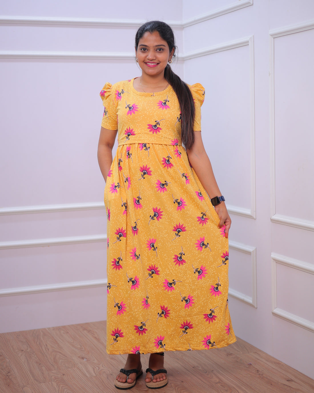 Surya | Zipless Maternity Dress - Puff Sleeves | Full Length