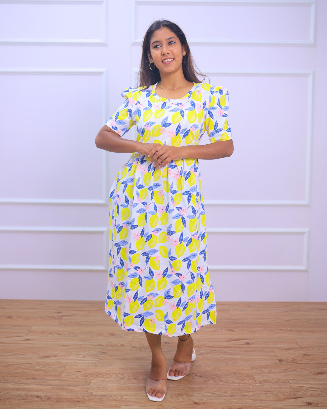 Lemon | Zipless Maternity Dress - Puff Sleeves | Calf Length - Only S Size