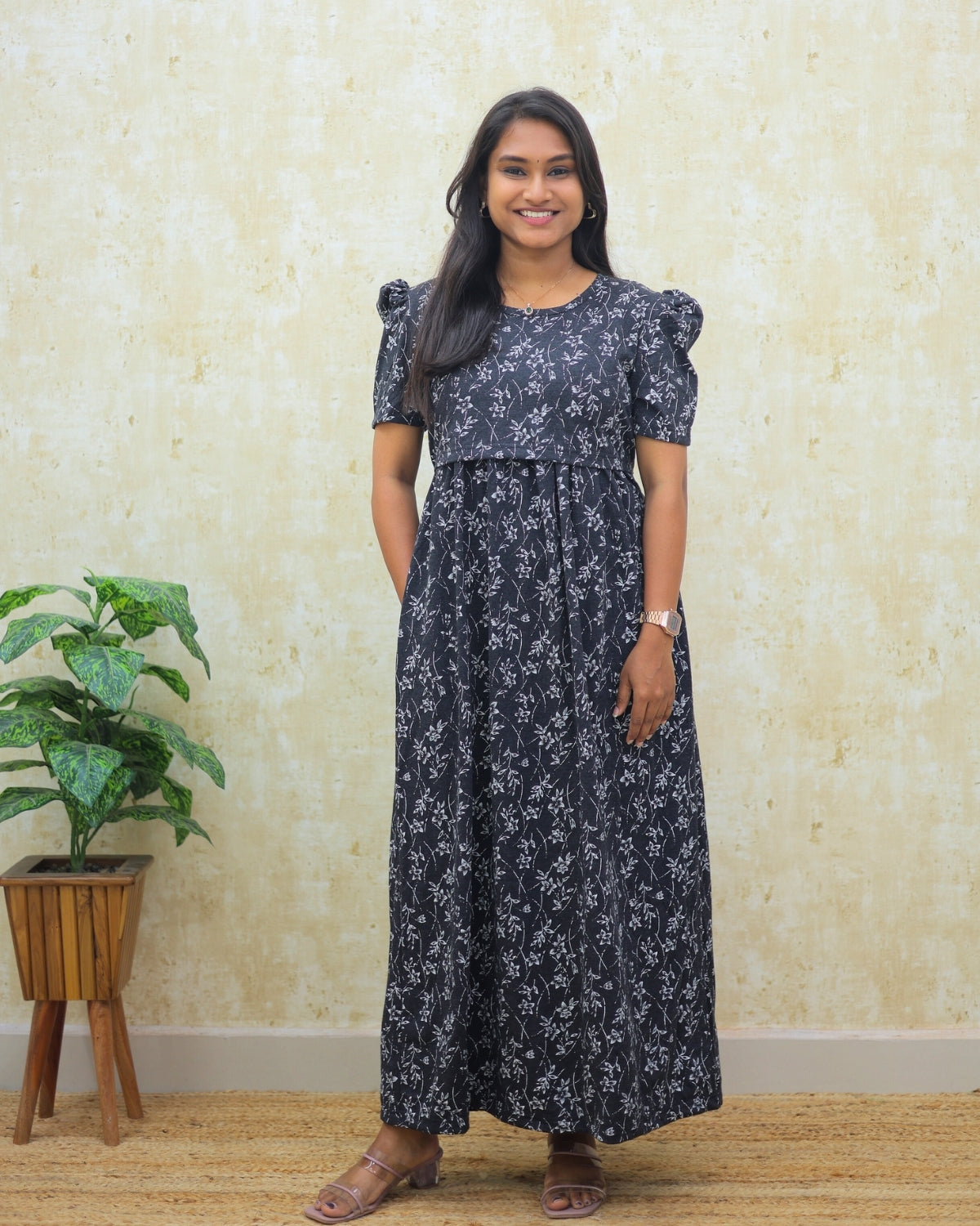 Myra | Zipless Maternity Dress - Puff Sleeves | Full Length Maxi