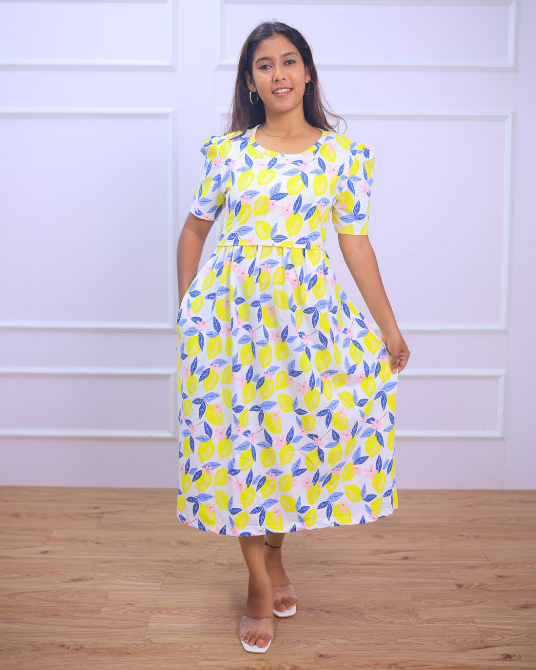 Lemon | Zipless Maternity Dress - Puff Sleeves | Calf Length - Only S Size