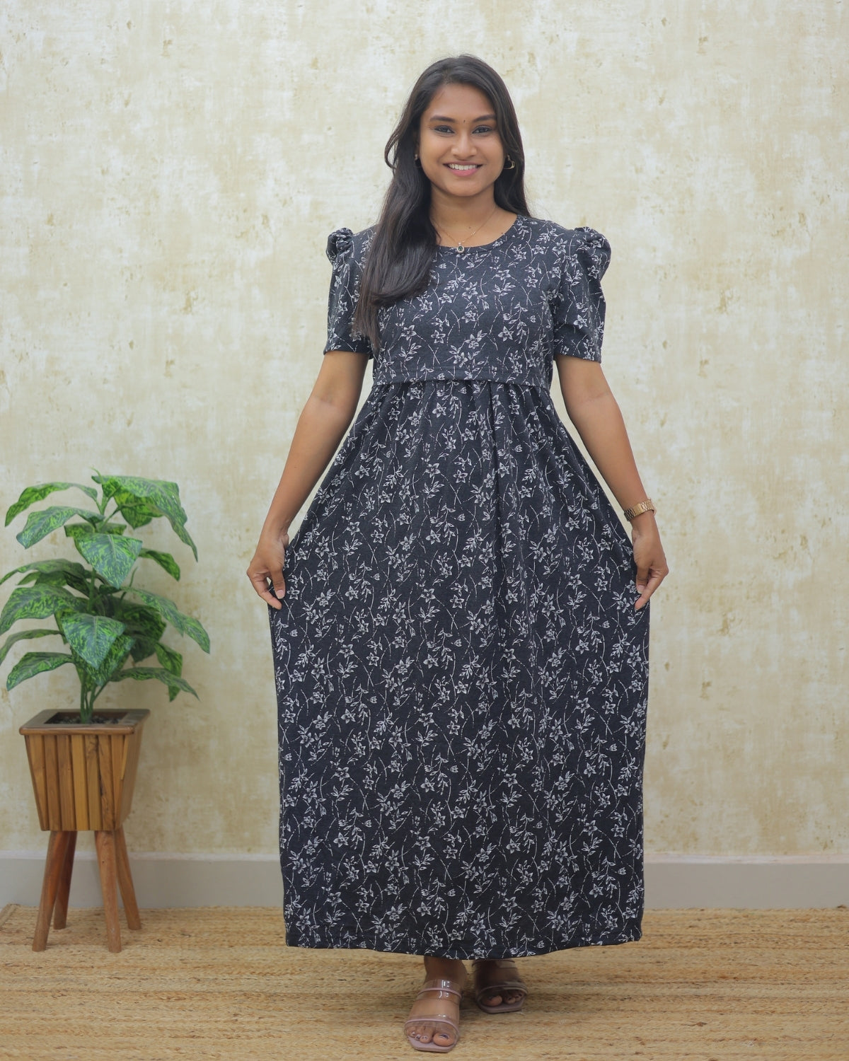 Myra | Zipless Maternity Dress - Puff Sleeves | Full Length Maxi