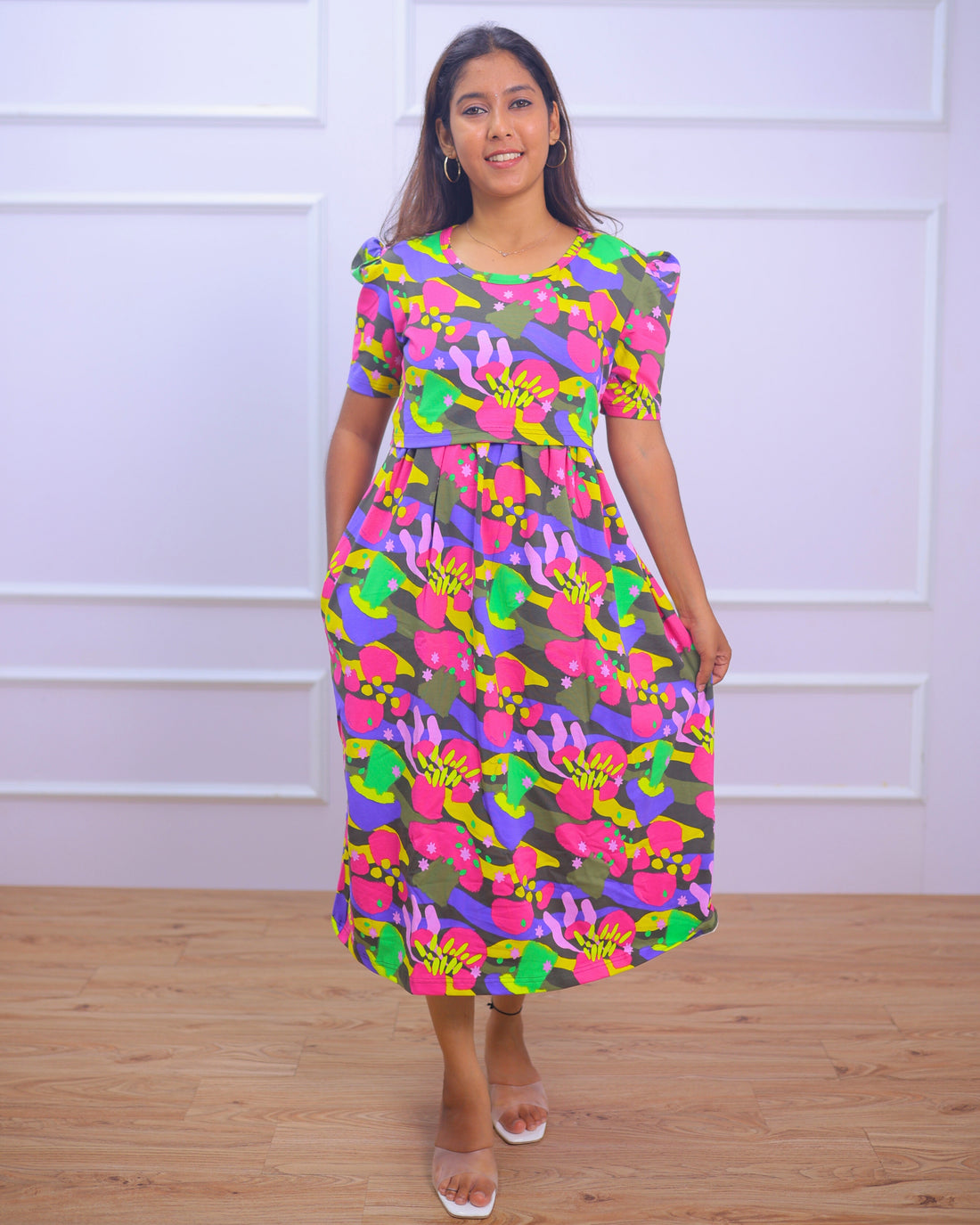 Camila | Zipless Maternity Dress - Puff Sleeves | Calf Length