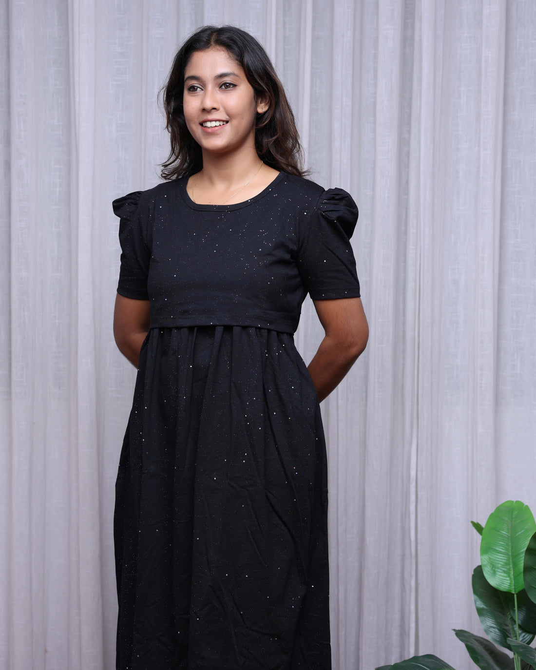 Glitter Black | Zipless Maternity Dress - Puff Sleeves | Full Length