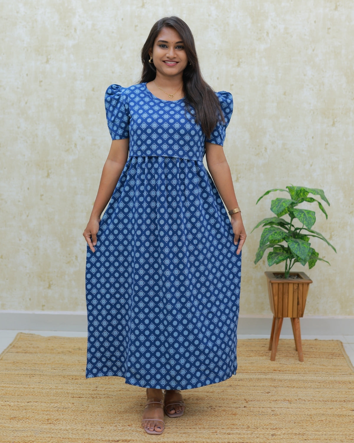 Bhumi | Zipless Maternity Dress - Puff Sleeves | Full Length Maxi