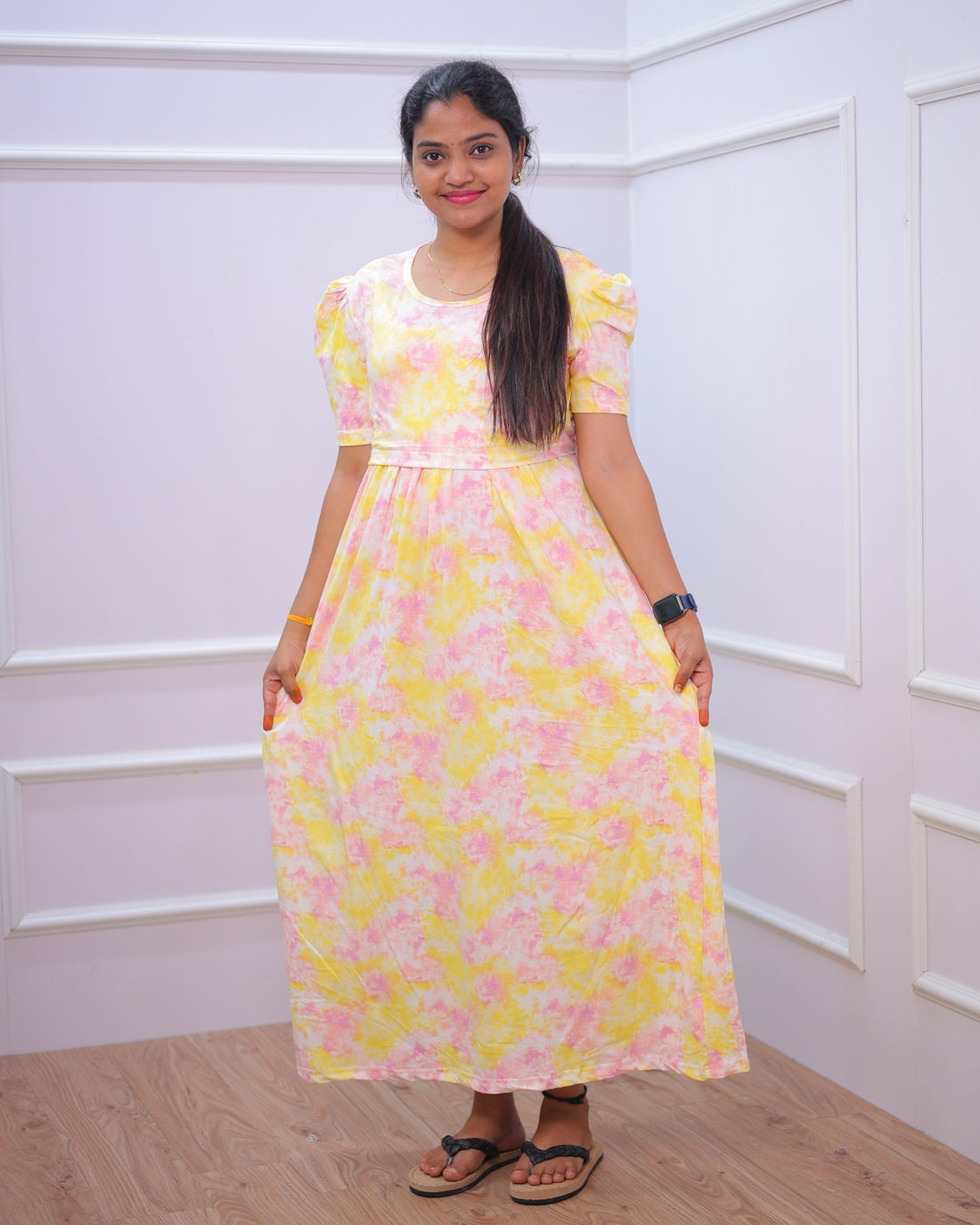 Pritha | Zipless Maternity Dress - Puff Sleeves | Full Length