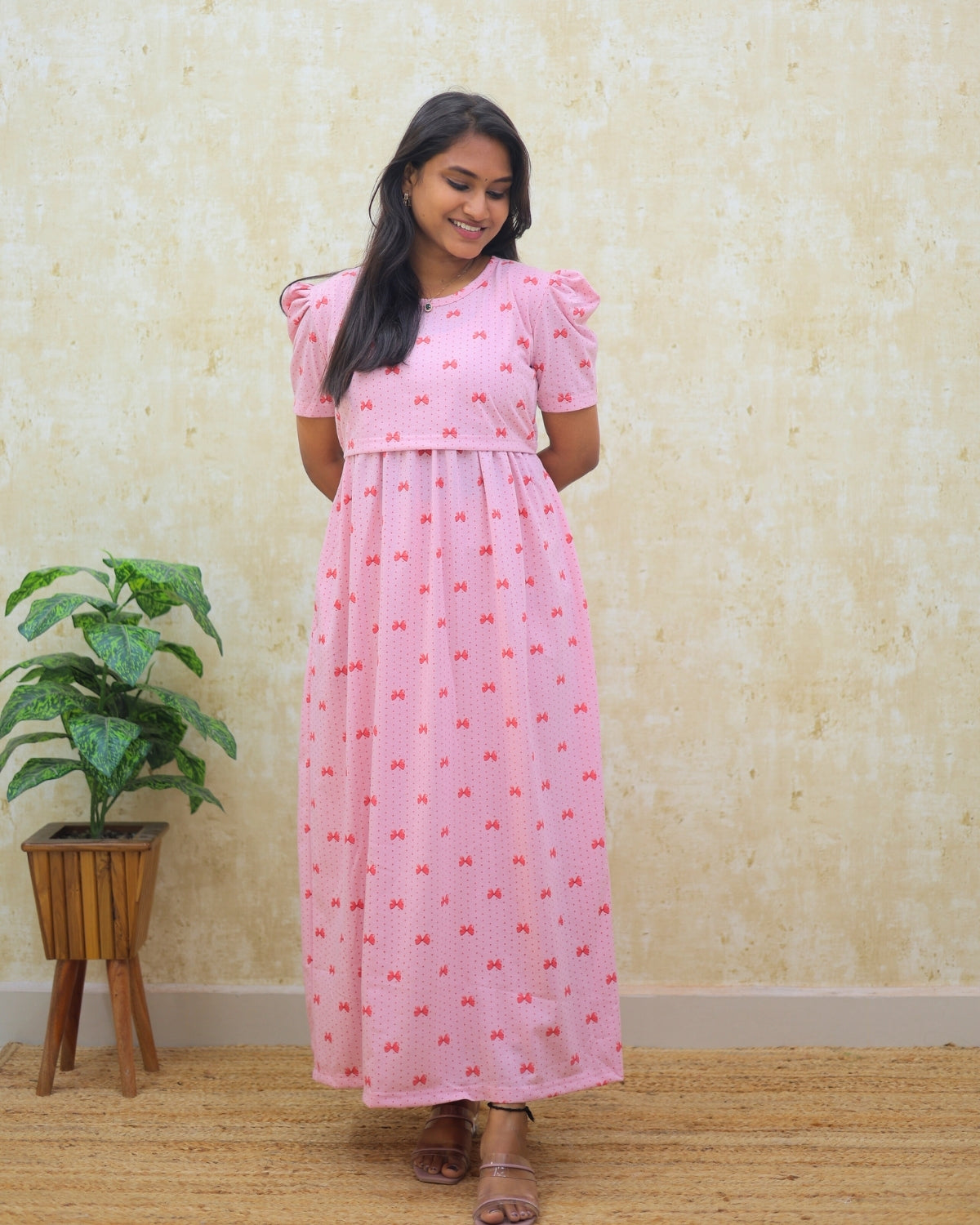 Lekha | Zipless Maternity Dress - Puff Sleeves | Full Length Maxi