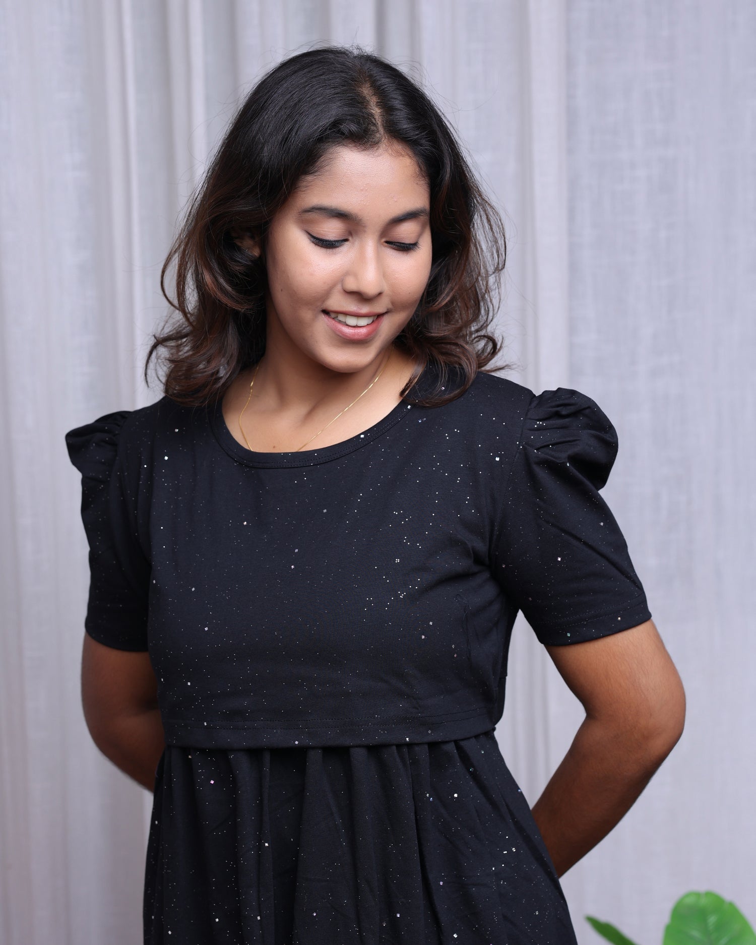Glitter Black | Zipless Maternity Dress - Puff Sleeves | Full Length