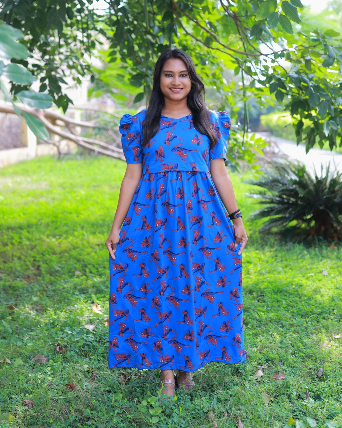 Spiderman | Zipless Maternity Dress - Puff Sleeves | Full Length Maxi