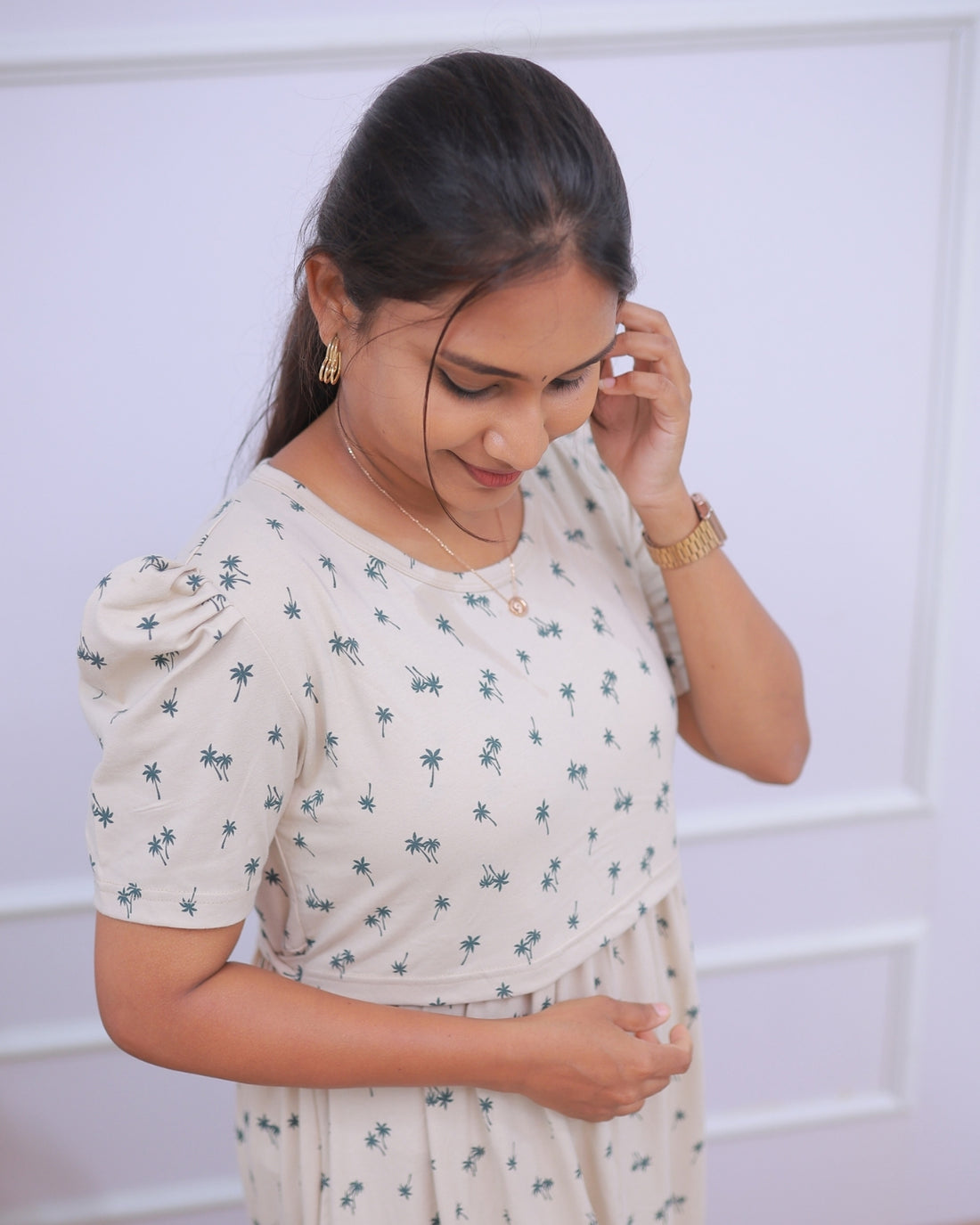 Akshara | Zipless Maternity Dress - Puff Sleeves | Full Length Maxi