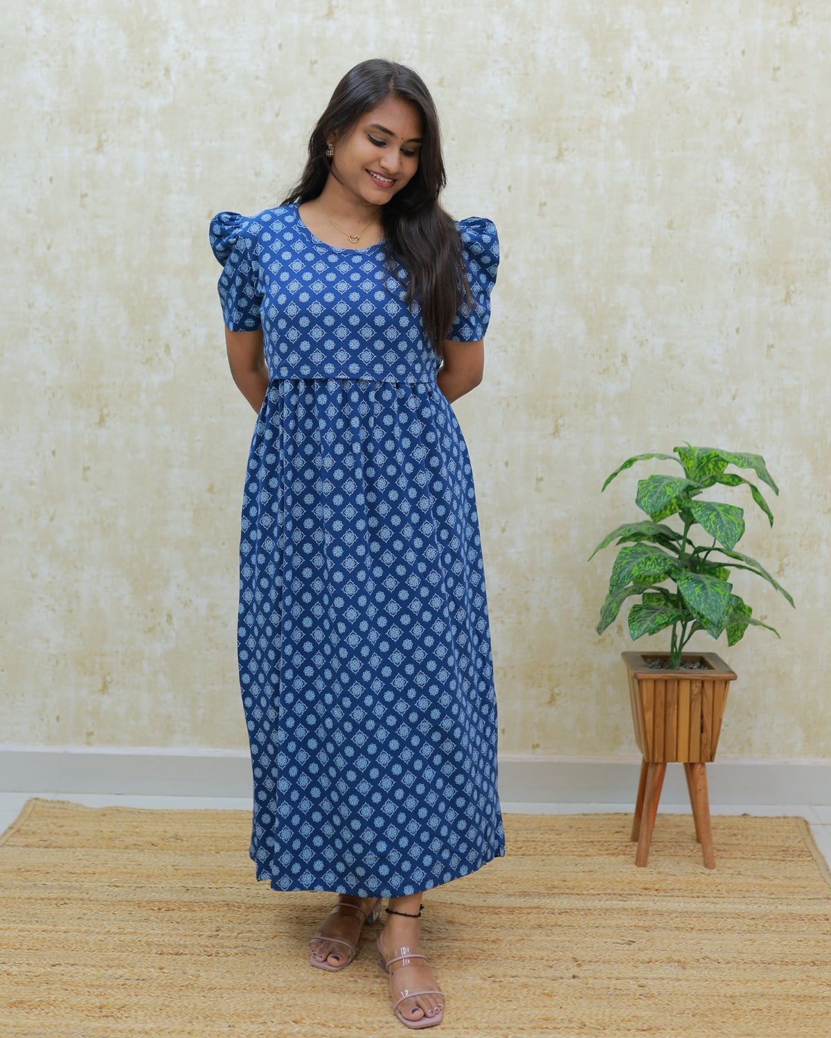 Bhumi | Zipless Maternity Dress - Puff Sleeves | Full Length Maxi