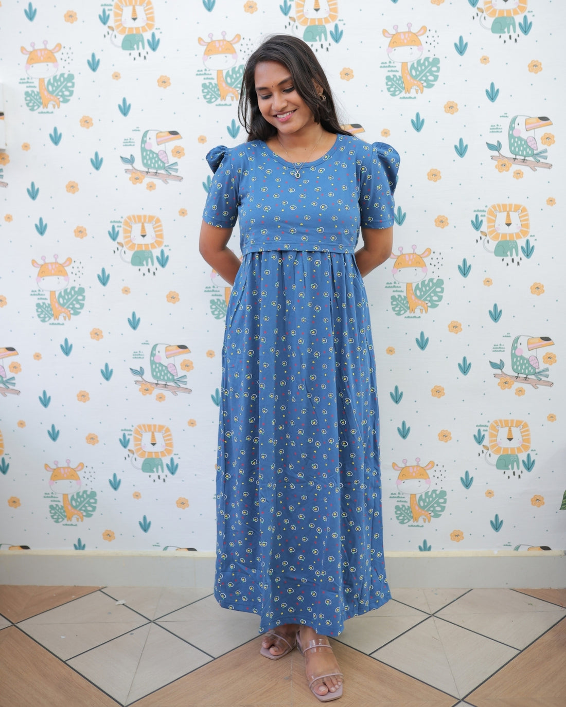 Coral | Zipless Maternity Dress - Puff Sleeves | Full Length Maxi