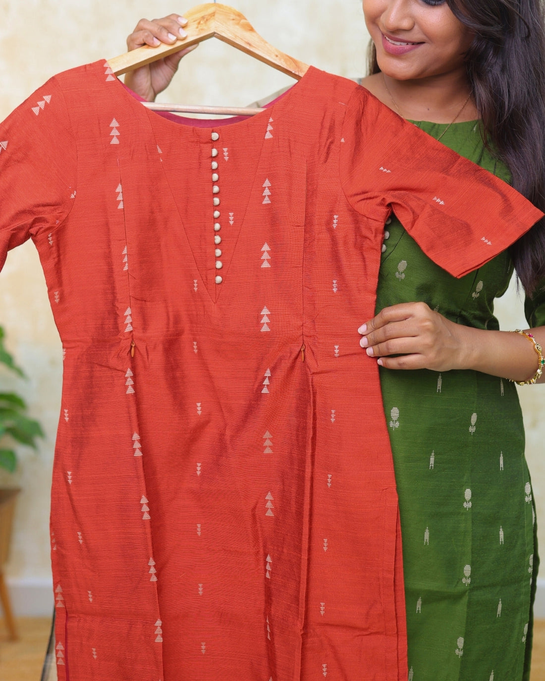 Brick Red | Raw Silk 3 pc Kurti Set [FEEDING &amp; NON FEEDING]