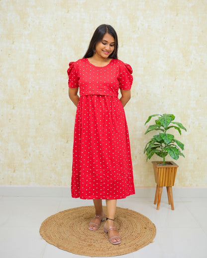 Luv | Zipless Maternity Dress - Puff Sleeves | Calf Length