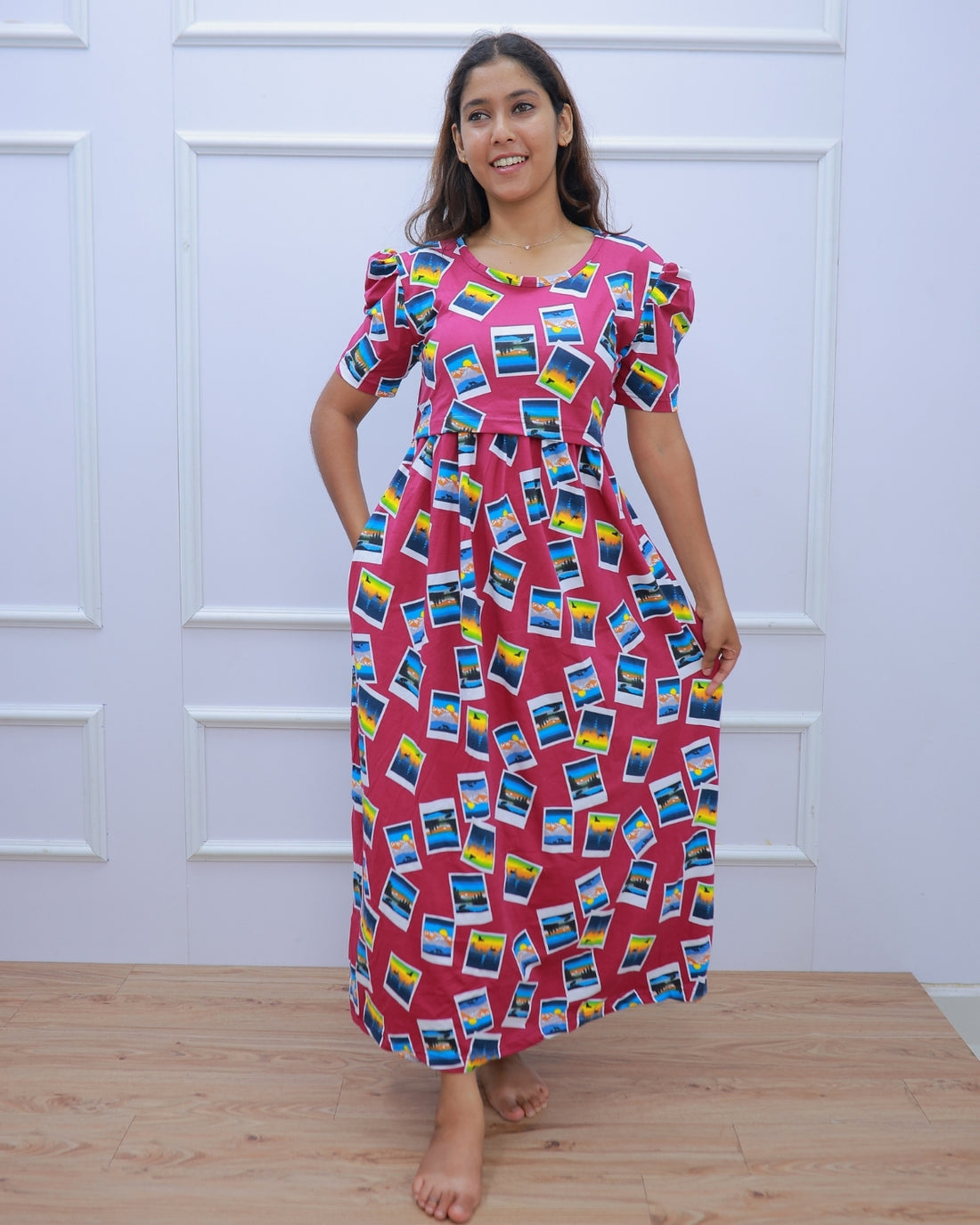 Snap | Zipless Maternity Dress - Puff Sleeves | Full Length Maxi