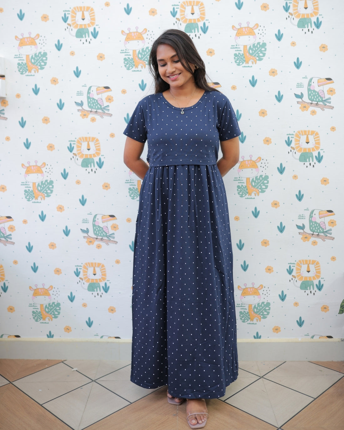 Navy Dots V1 | Zipless Maternity Dress - Normal Sleeves | Full Length Maxi