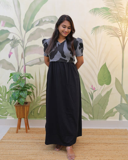 Isha | Zipless Maternity Dress - Puff Sleeves | Full Length Maxi