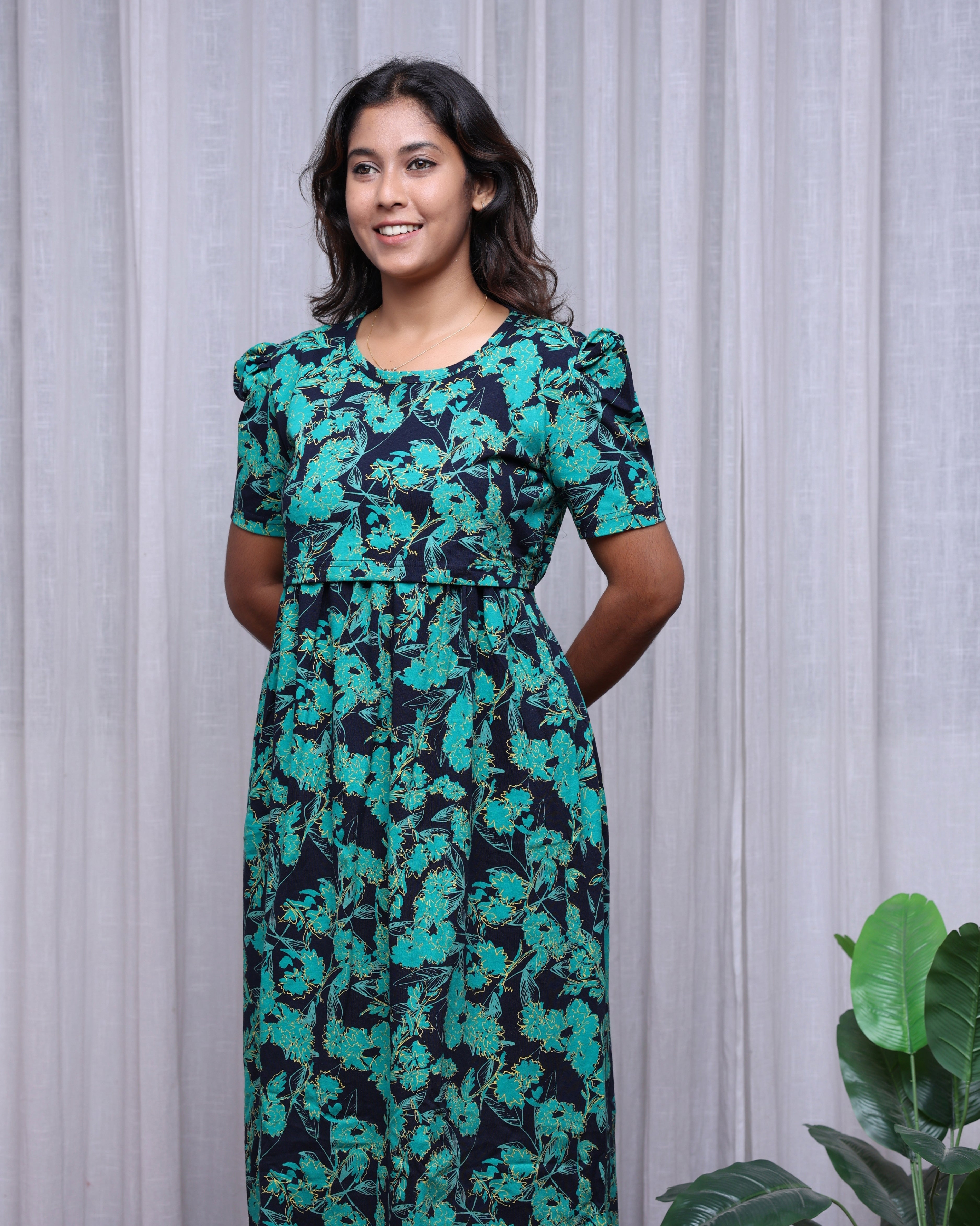 Greenery | Zipless Maternity Dress - Puff Sleeves | Full Length
