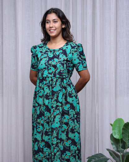 Greenery | Zipless Maternity Dress - Puff Sleeves | Full Length