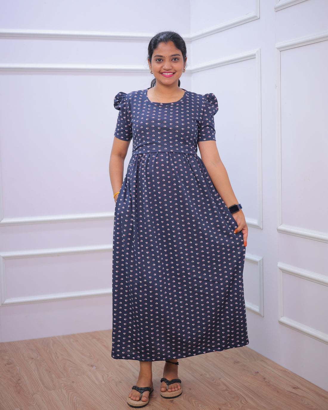 Chetna | Zipless Maternity Dress - Puff Sleeves | Full Length