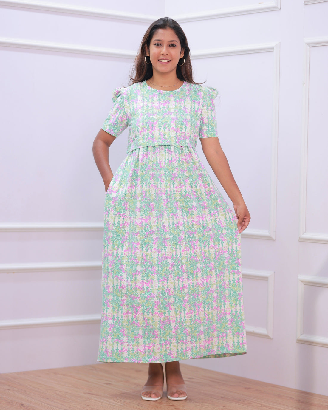 Eva | Zipless Maternity Dress - Puff Sleeves | Full Length
