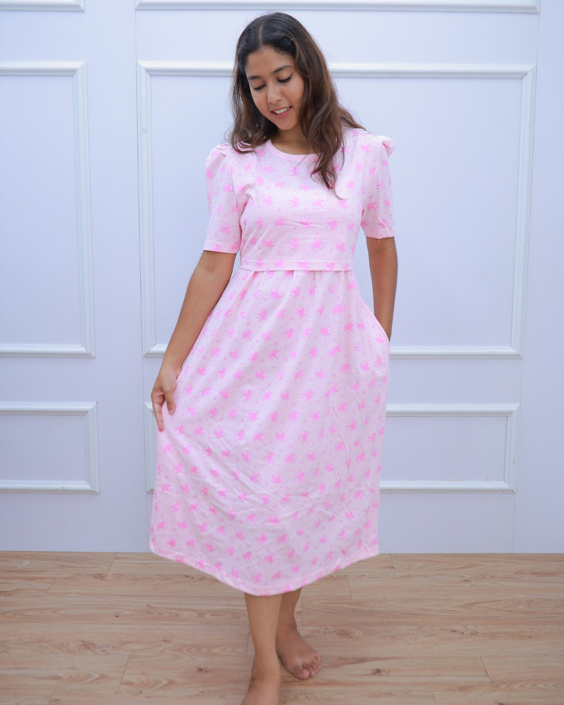 Asha | Zipless Maternity Dress - Puff Sleeves | Calf Length