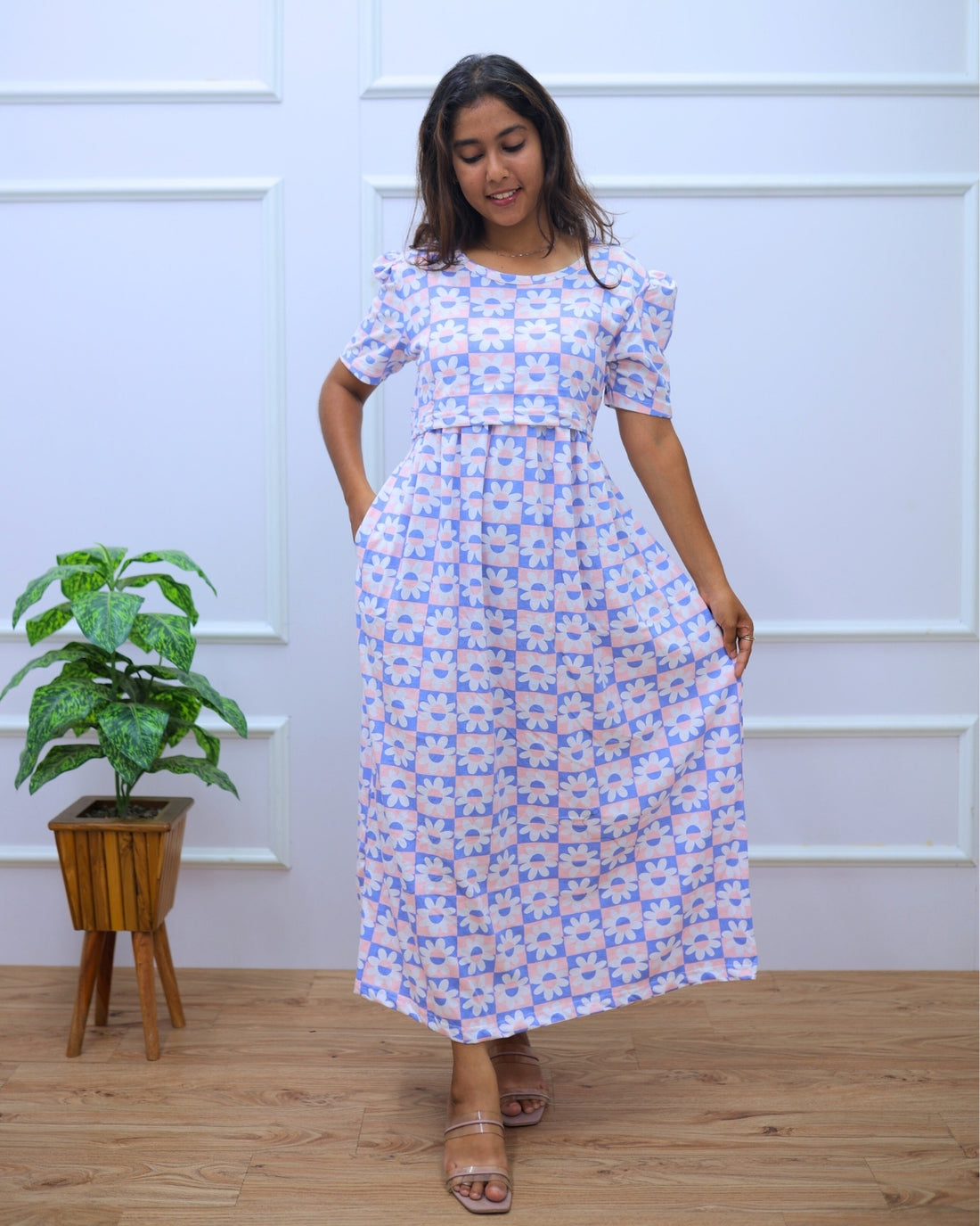 Charvi | Zipless Maternity Dress - Puff Sleeves | Full Length Maxi