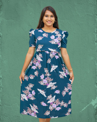 Blossom | Zipless Maternity Dress - Puff Sleeves | Calf Length