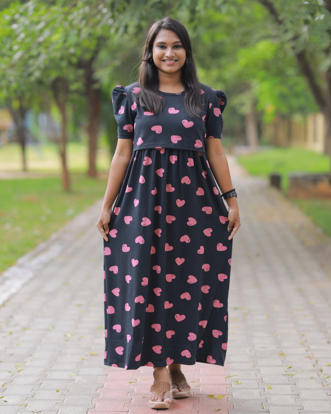 Premam | Zipless Maternity Dress - Puff Sleeves | Full Length Maxi