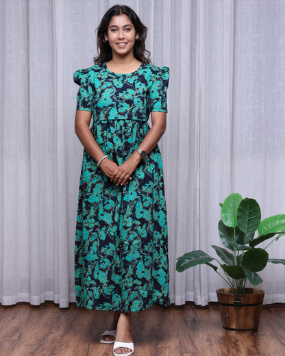 Greenery | Zipless Maternity Dress - Puff Sleeves | Full Length