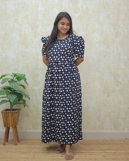 Tik-Tok | Zipless Maternity Dress - Puff Sleeves | Full Length Maxi