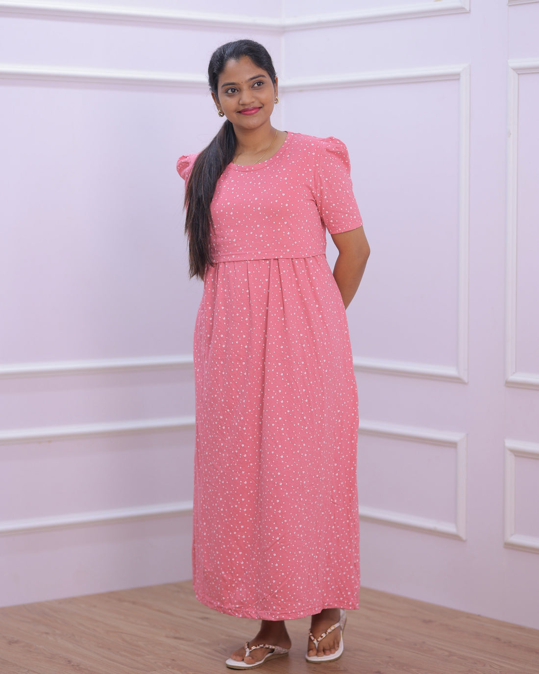 Sara | Zipless Maternity Dress - Puff Sleeves | Full Length