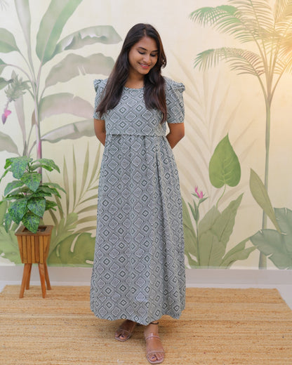 Lasya | Zipless Maternity Dress - Puff Sleeves | Full Length Maxi