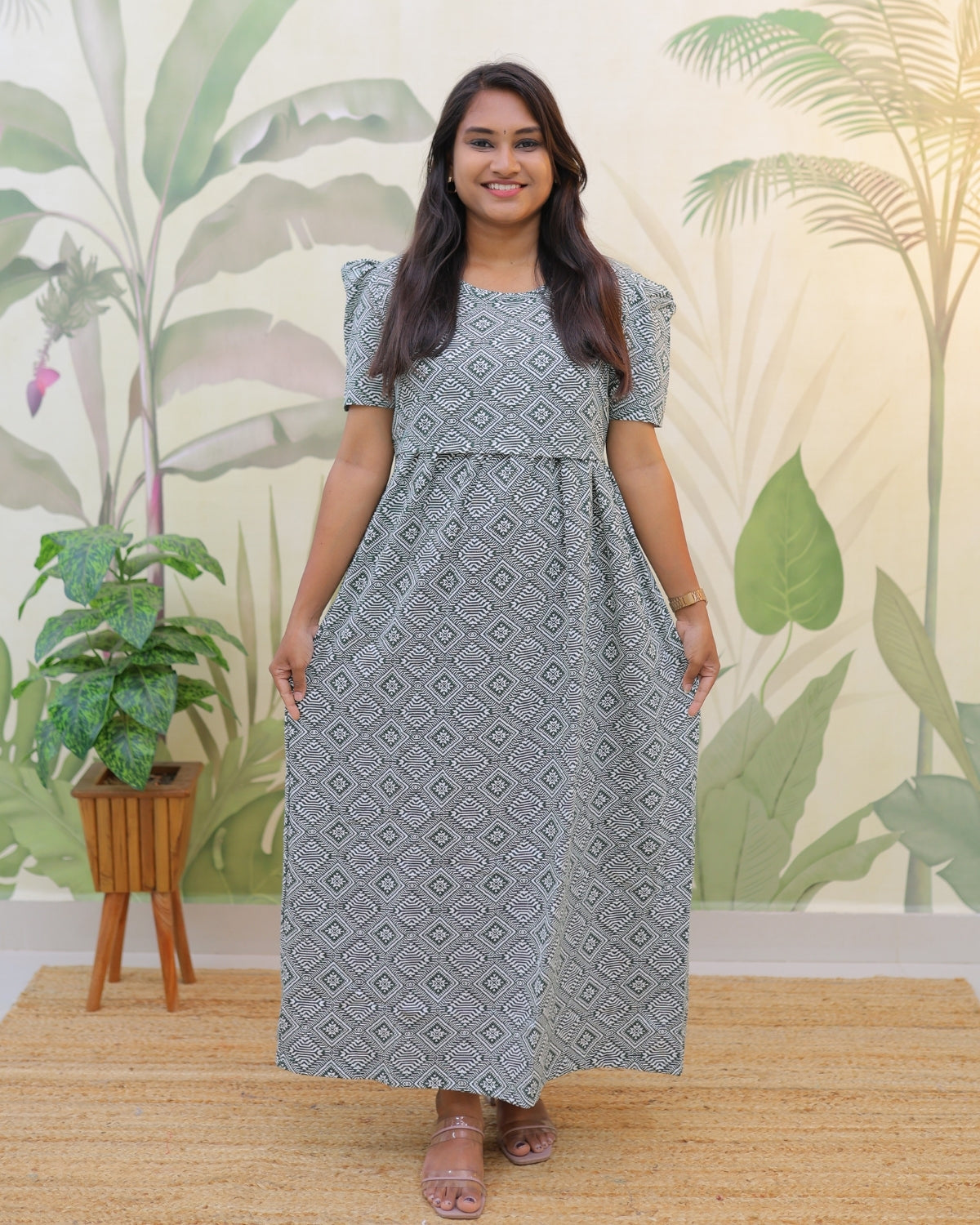 Lasya | Zipless Maternity Dress - Puff Sleeves | Full Length Maxi