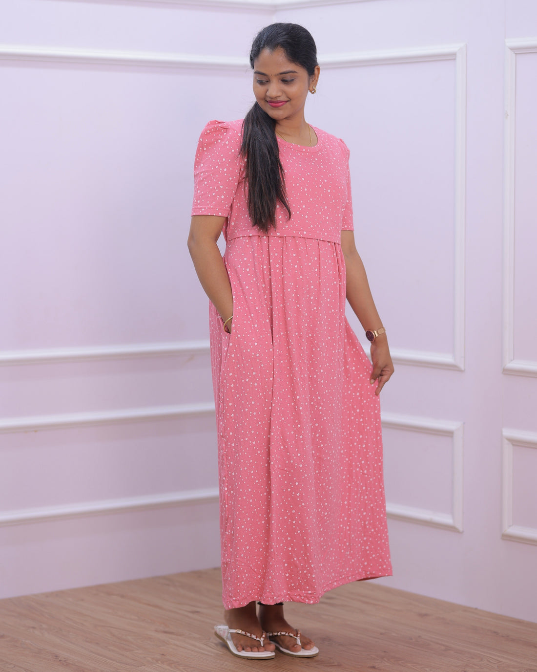 Sara | Zipless Maternity Dress - Puff Sleeves | Full Length