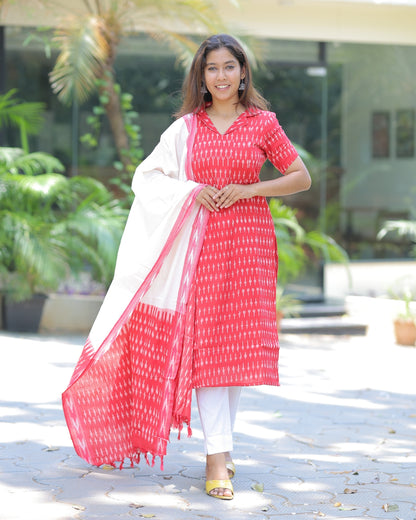 Red-Ikkat | Maternity Kurti with Lining [TOP + PANT + DUPATTA]