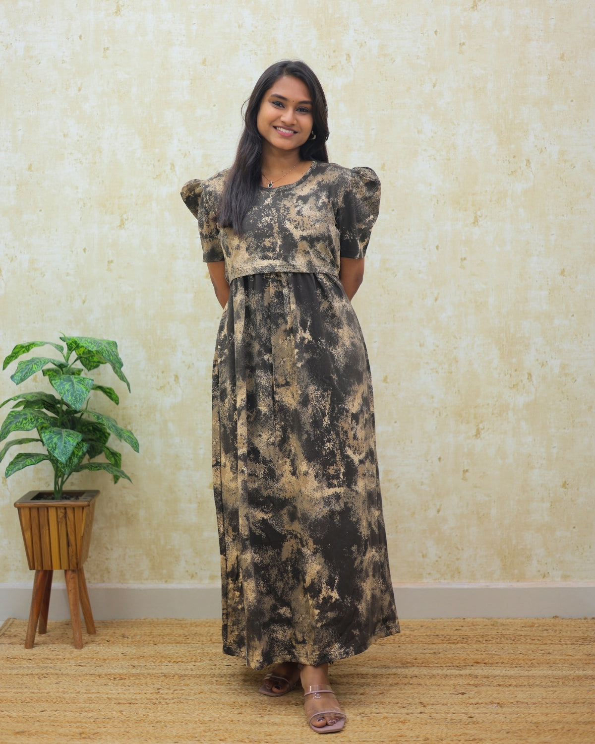 Nishka | Zipless Maternity Dress - Puff Sleeves | Full Length Maxi