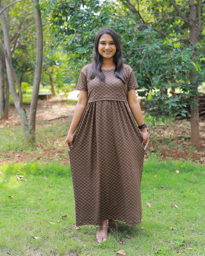 Browny | Zipless Maternity Dress[SPUN COTTON] - Normal Sleeves | Full Length Maxi