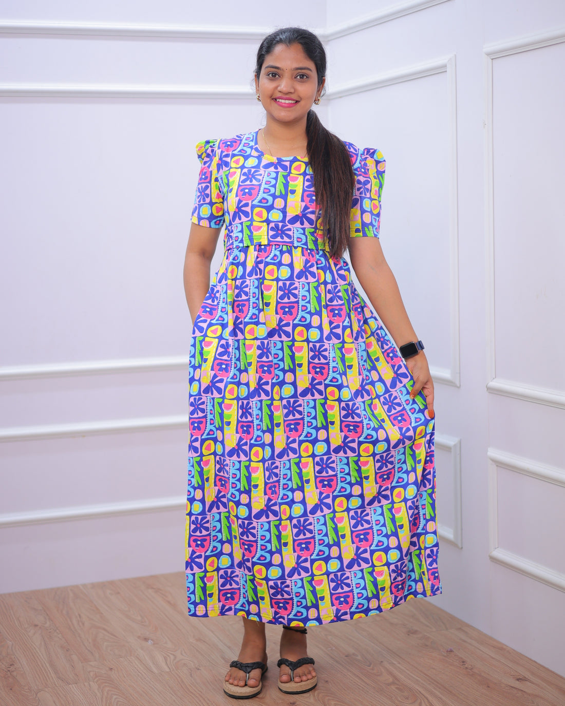 Qishen | Zipless Maternity Dress - Puff Sleeves | Full Length