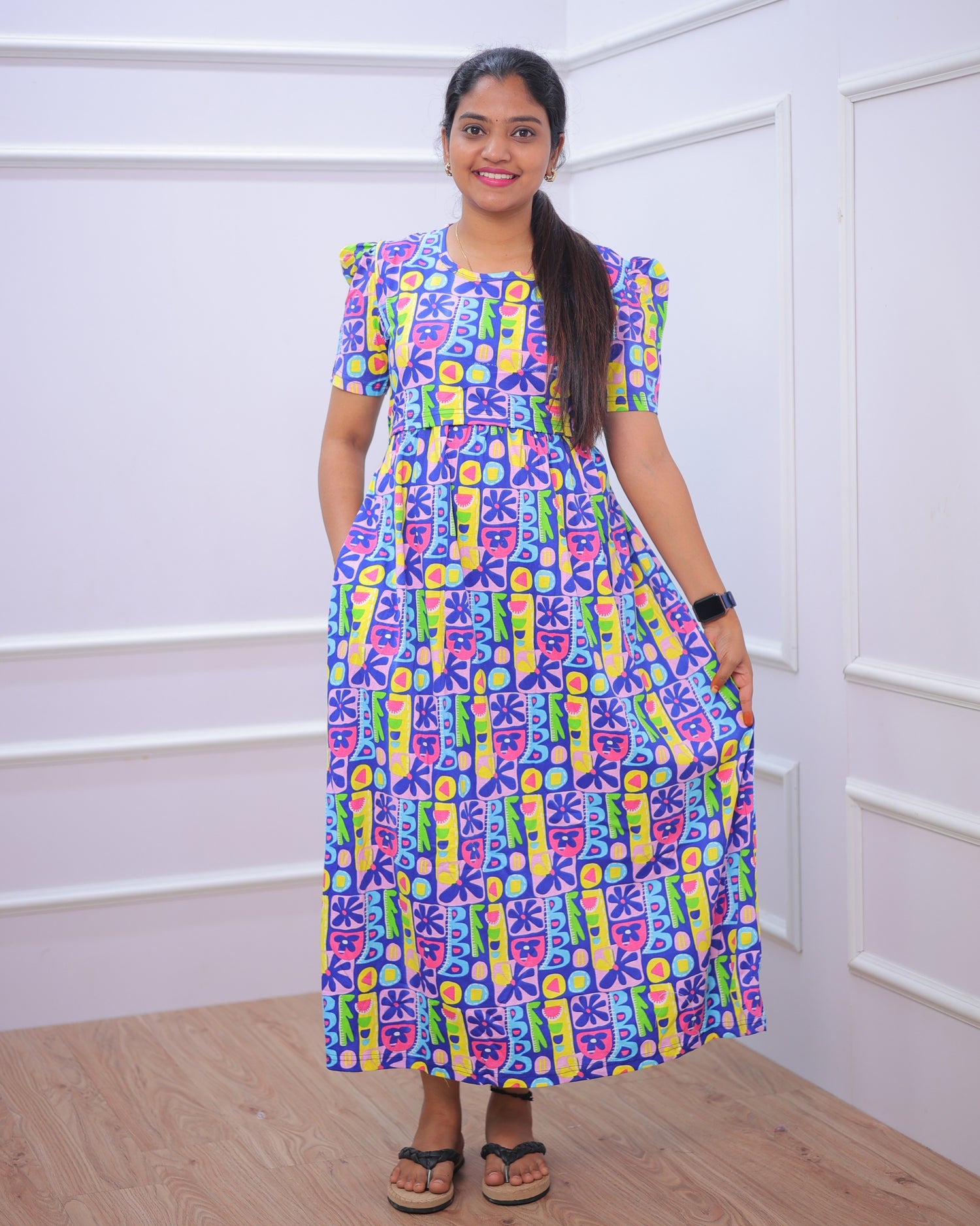 Qishen | Zipless Maternity Dress - Puff Sleeves | Full Length