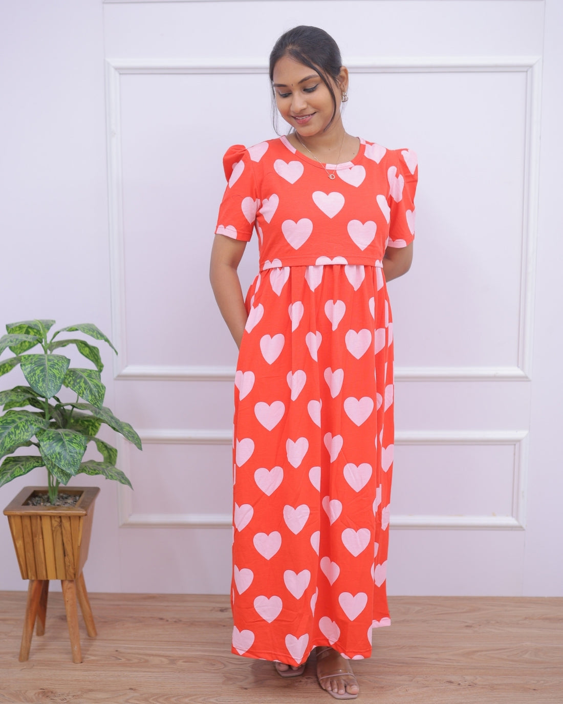 Priyam | Zipless Maternity Dress - Puff Sleeves | Full Length Maxi