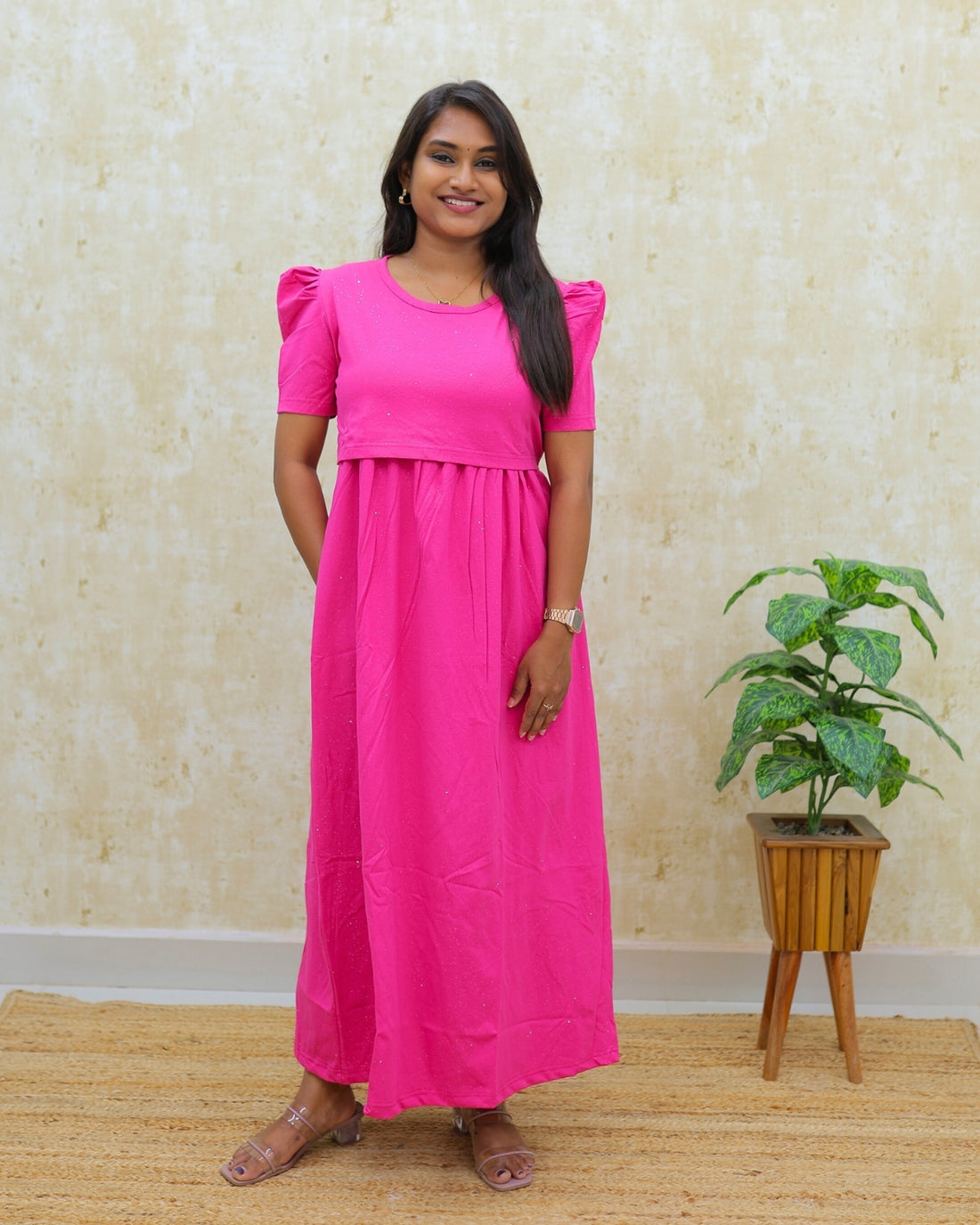 Glitter Dark Pink | Zipless Maternity Dress - Puff Sleeves | Full Length Maxi