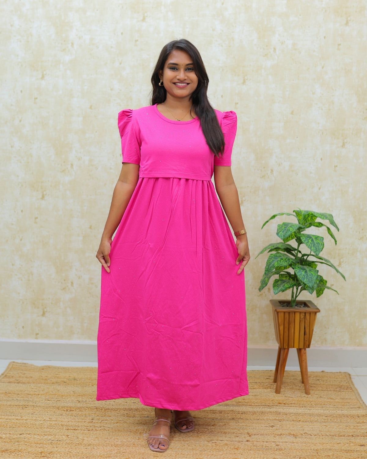 Glitter Dark Pink | Zipless Maternity Dress - Puff Sleeves | Full Length Maxi