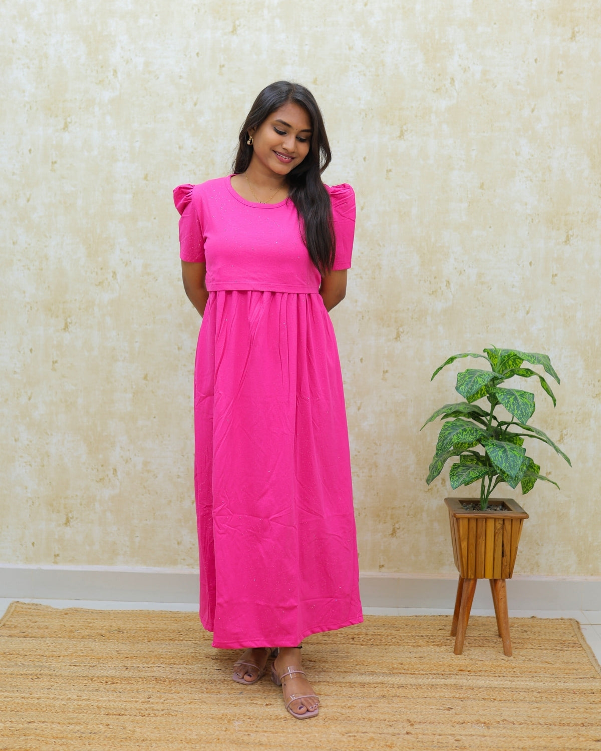 Glitter Dark Pink | Zipless Maternity Dress - Puff Sleeves | Full Length Maxi