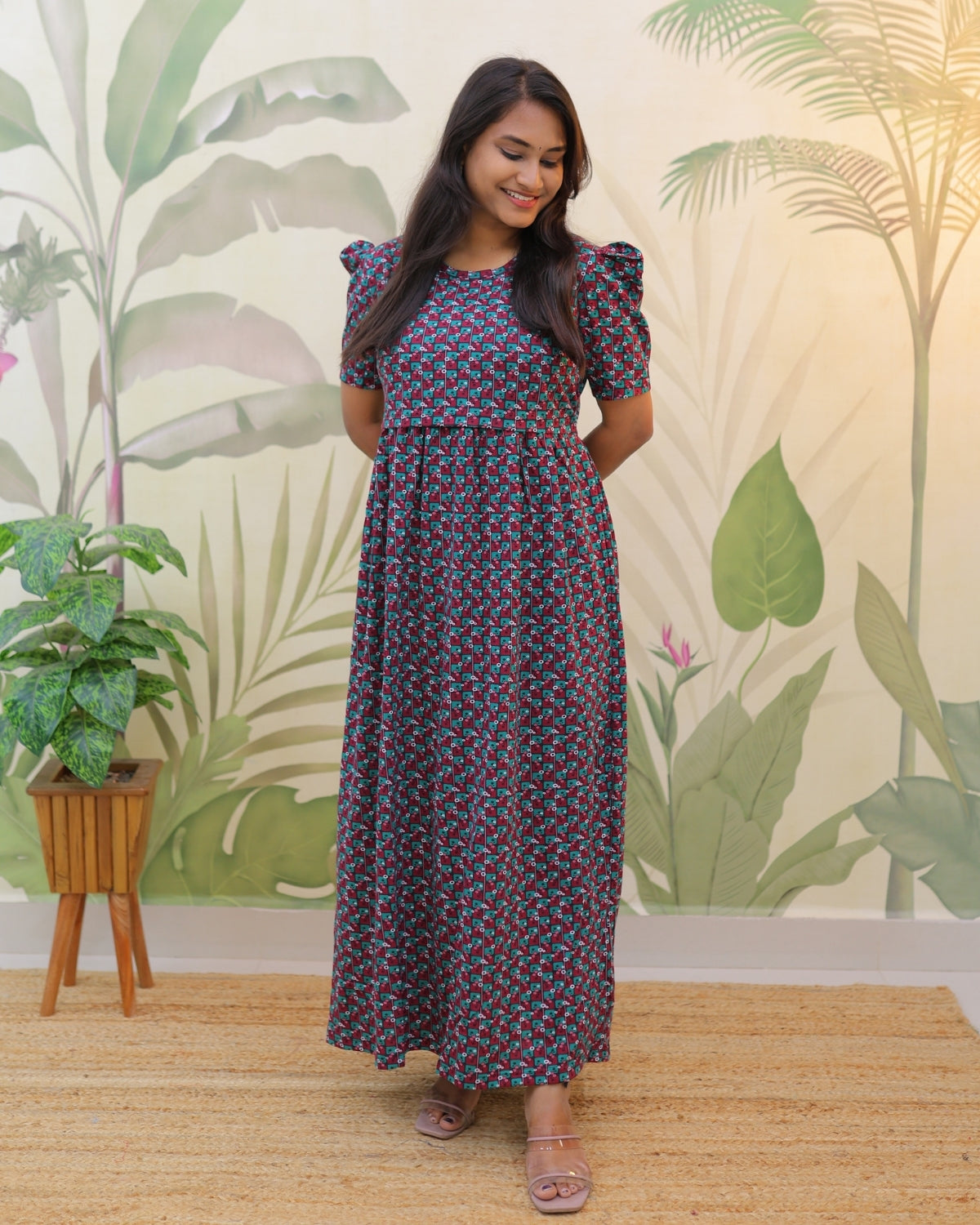 Arna | Zipless Maternity Dress - Puff Sleeves | Full Length Maxi