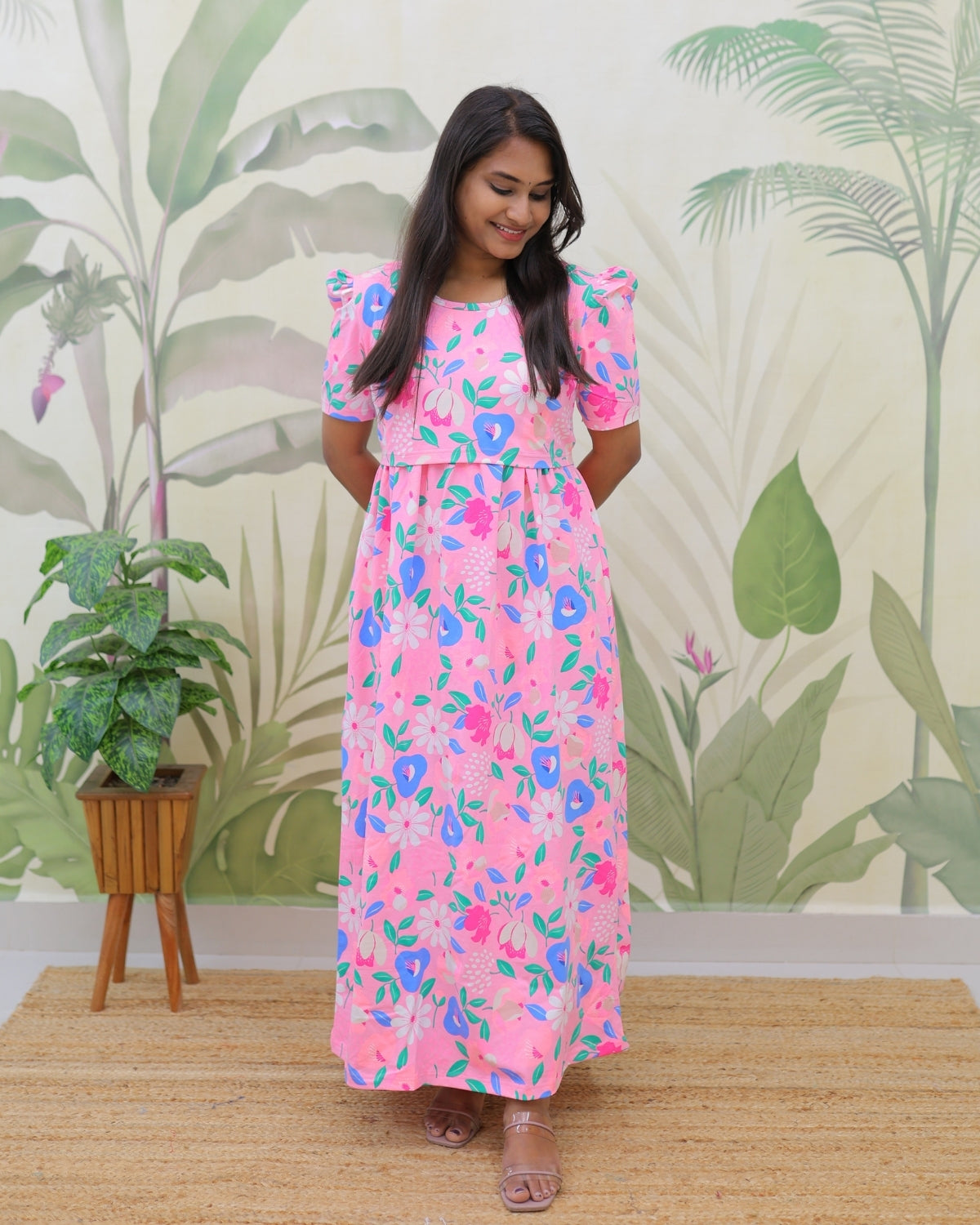 Naina | Zipless Maternity Dress - Puff Sleeves | Full Length Maxi